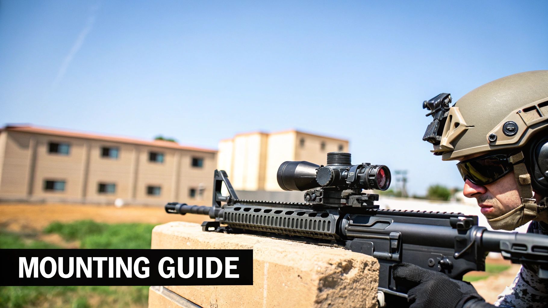 A soldier in tactical gear aims a scoped rifle, resting on a concrete barrier outdoors.