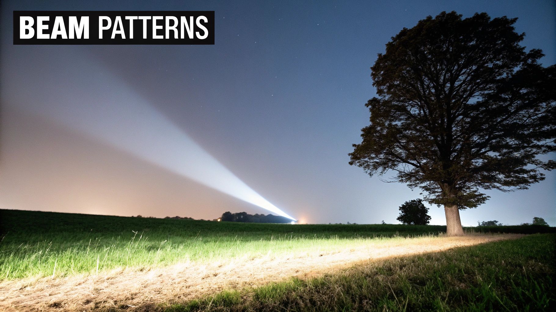 Powerful flashlight beam patterns illuminating night sky over field with large tree silhouette
