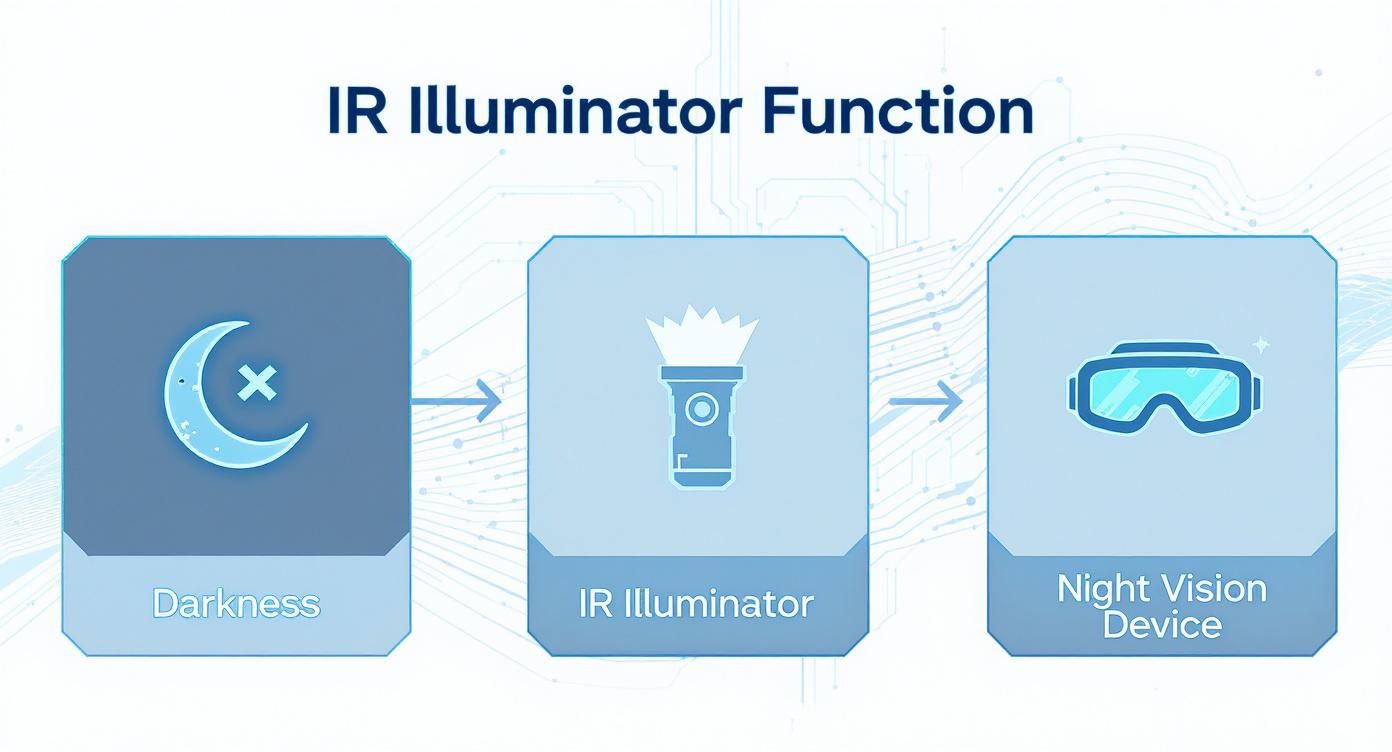 Diagram showing how IR illuminator enables night vision devices to function in darkness