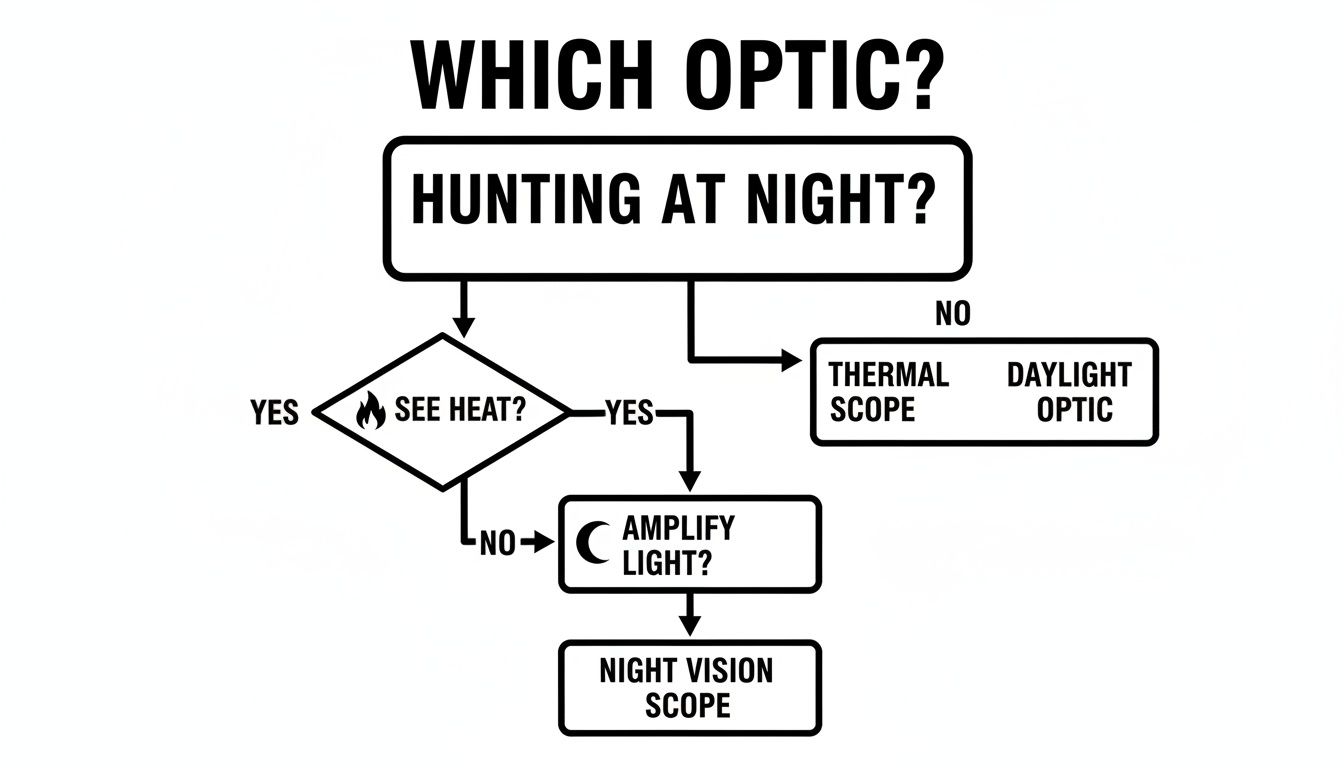 Flowchart guiding hunting optic selection: night, heat detection, or light amplification.