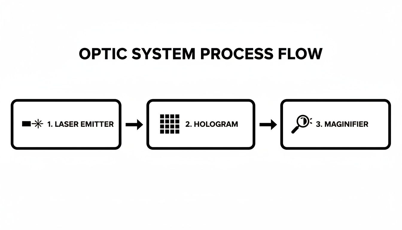 Optic system process flow diagram showing a laser emitter, a hologram, and a magnifier in sequence.