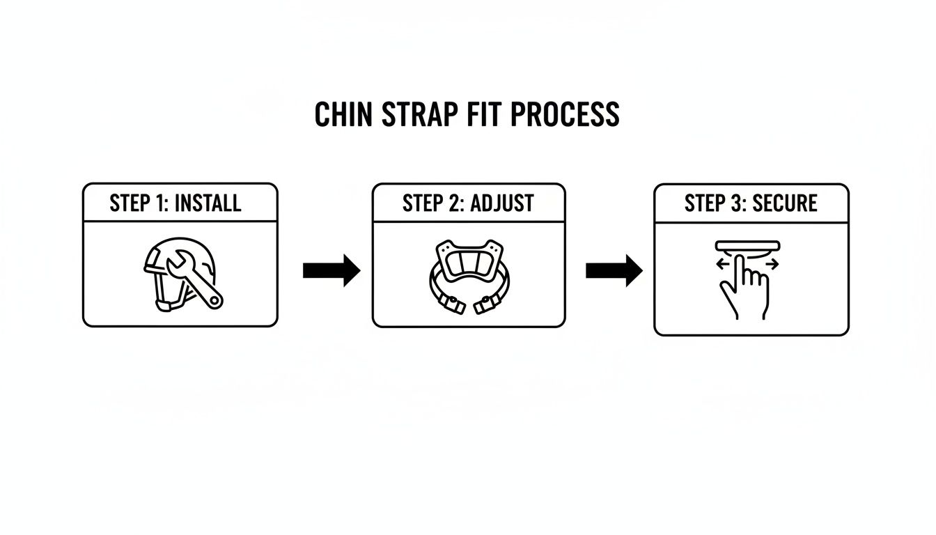 Diagram illustrating the three-step chin strap fit process with icons: install, adjust, and secure.