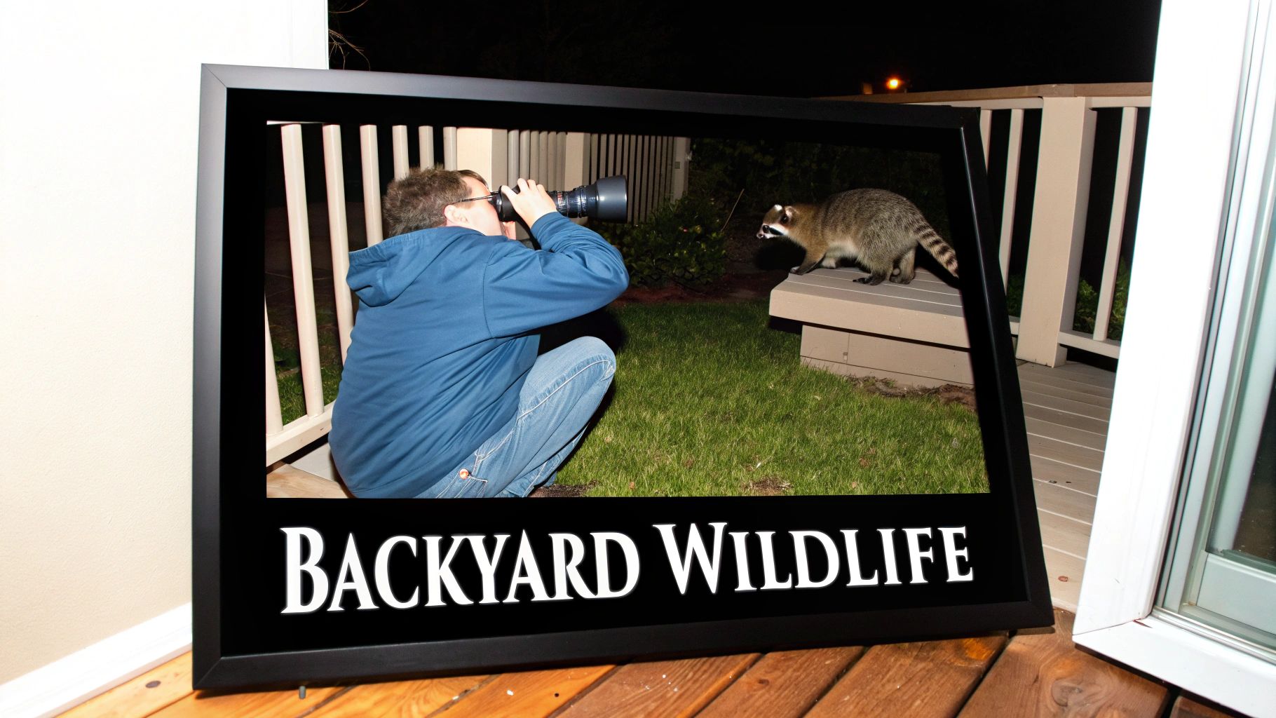 A framed image showing a man with a camera photographing a raccoon at night, labeled "BACKYARD WILDLIFE".