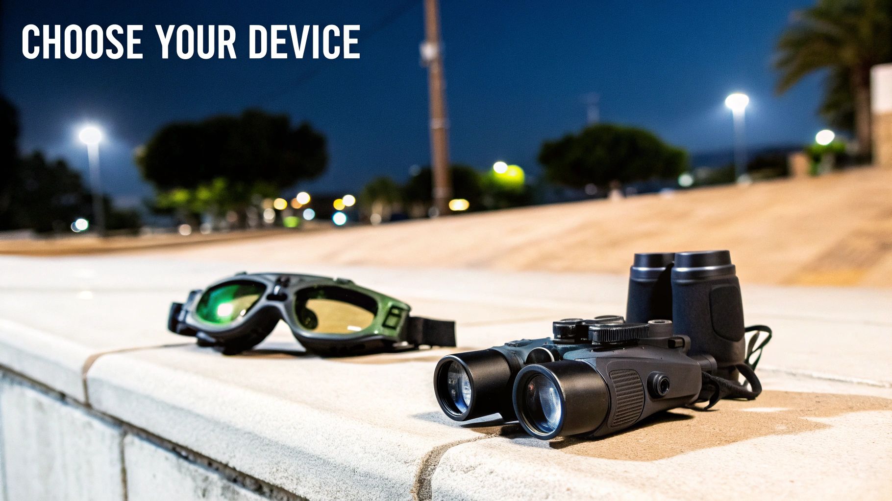 Night vision goggles and binoculars displayed on a concrete ledge under a dark sky.