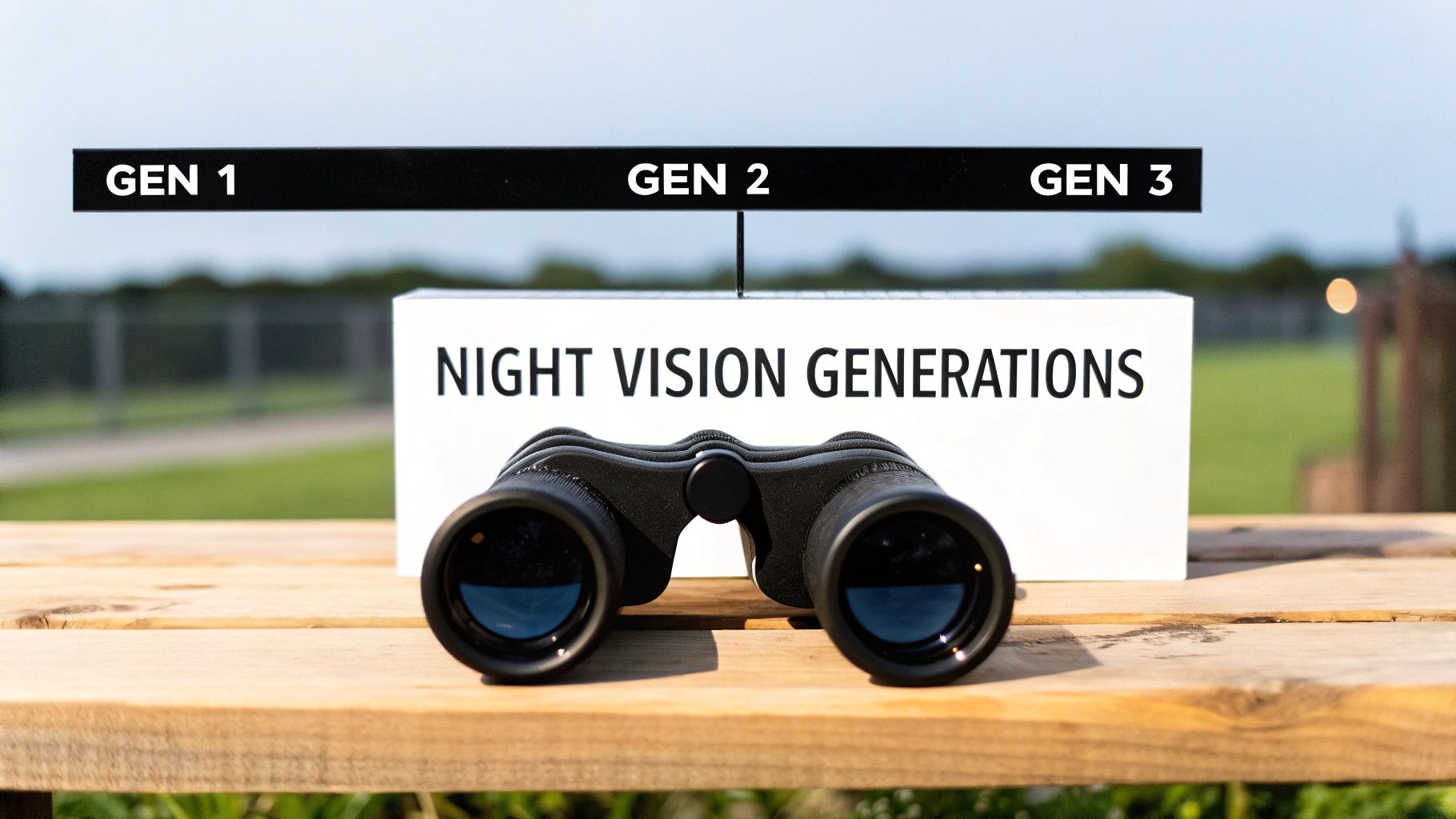 Binoculars on a wooden table with a sign explaining night vision generations Gen 1, Gen 2, and Gen 3.