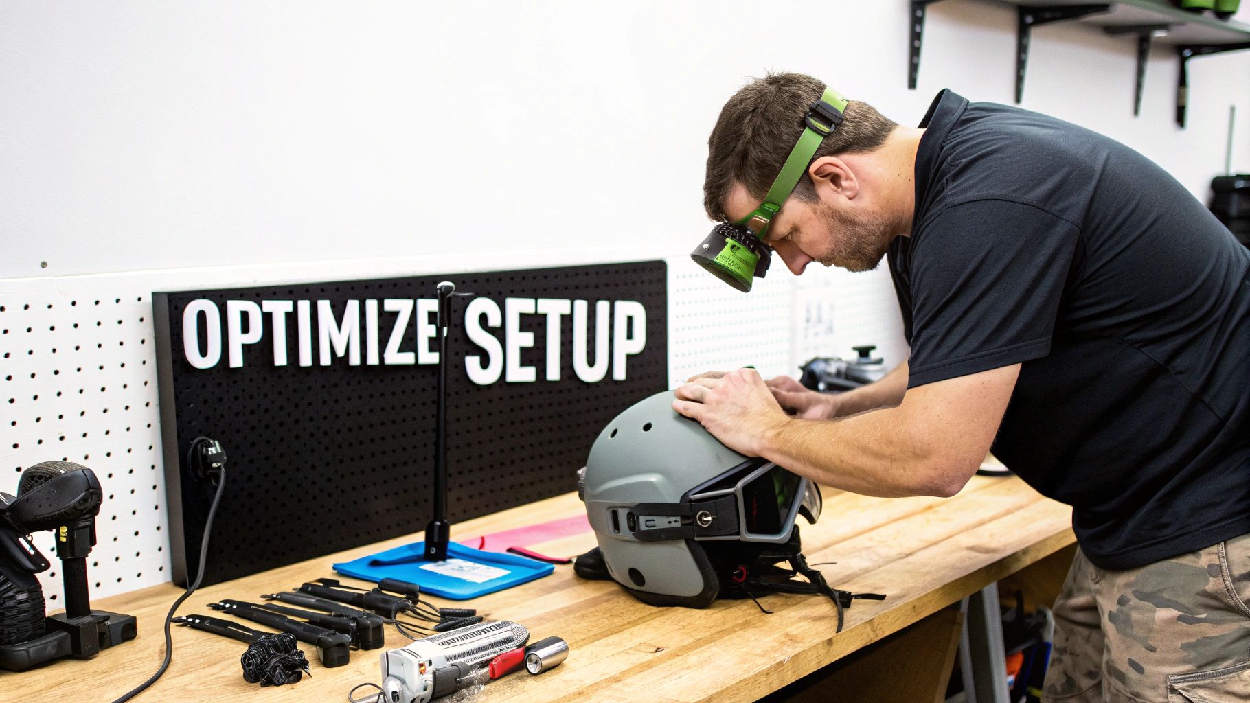 A man wearing a green headlamp works on a gray tactical helmet on a wooden workbench.