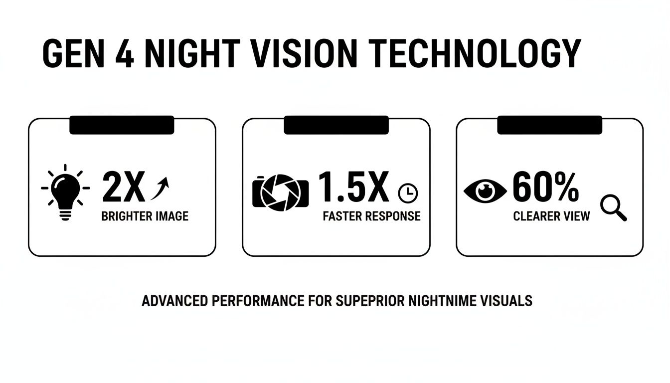Gen 4 night vision technology highlights improved performance: 2X brighter image, 1.5X faster response, 60% clearer view.