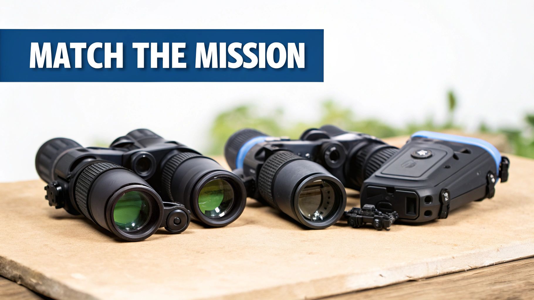 Several pairs of advanced night vision binoculars and tactical optical devices on a wooden surface.