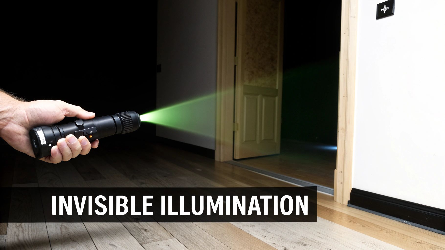 A person shines a green light beam from a tactical flashlight into a dark room through an open door.