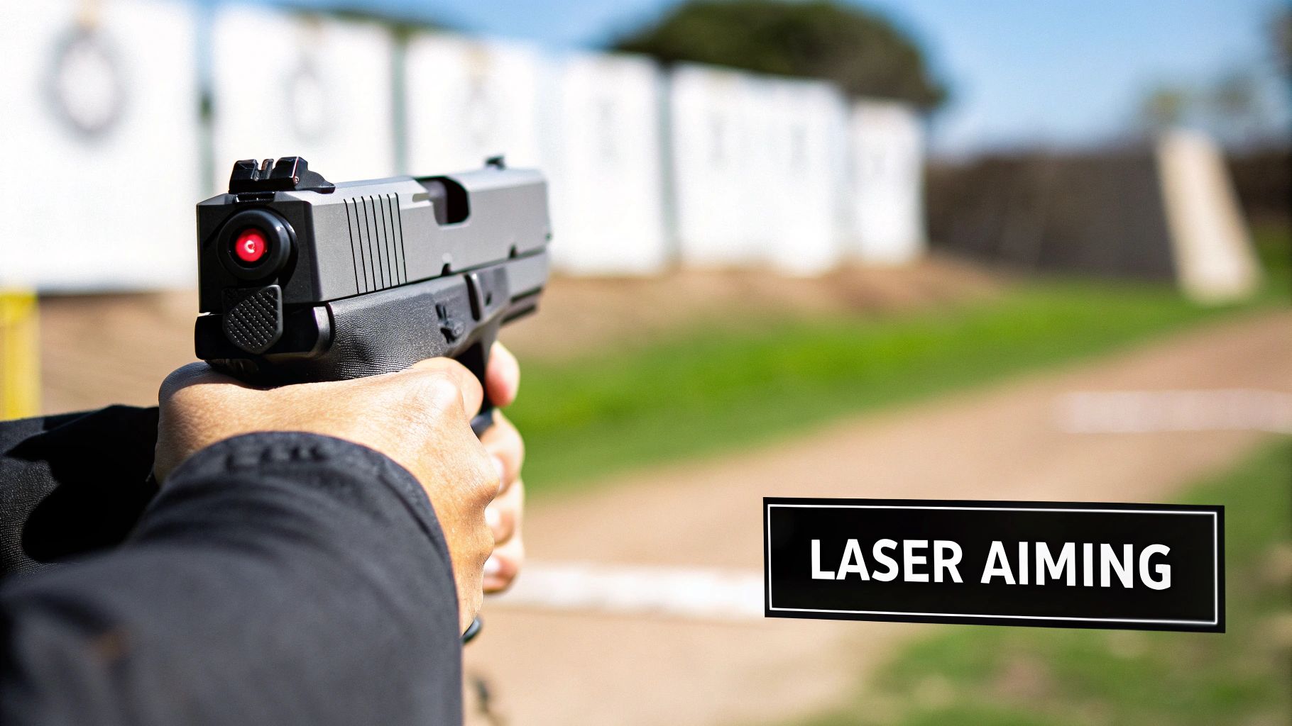 A person holds a handgun with a red laser sight, aiming downrange at targets on a shooting range.