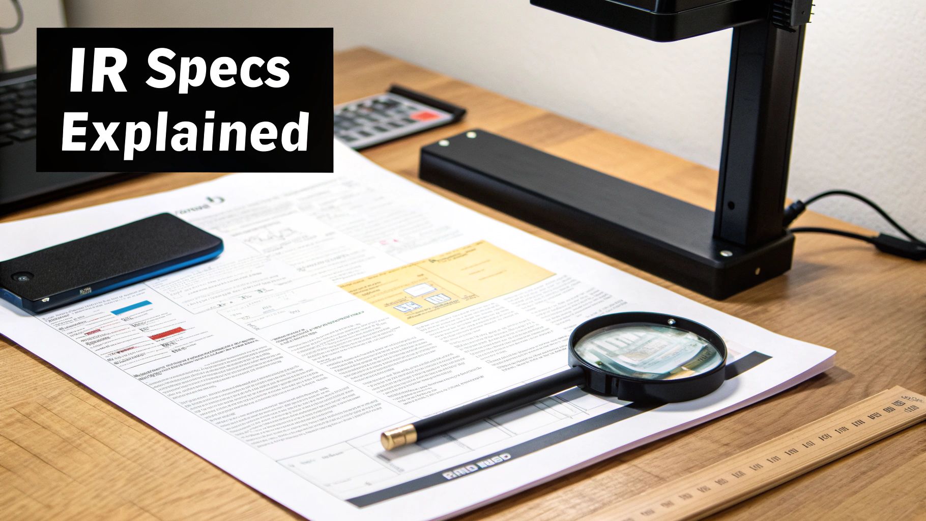 IR specs document with magnifying glass, calculator and electronic devices on wooden desk
