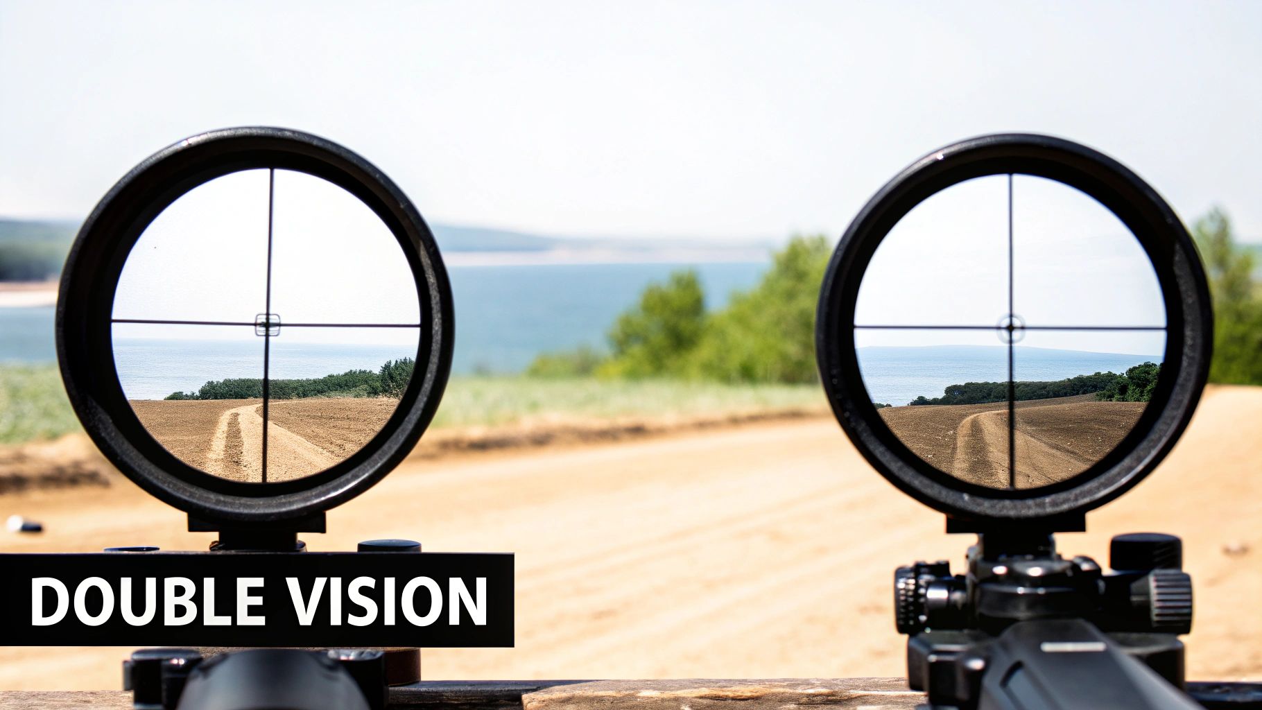 Two rifle scopes showing a dirt road leading to the sea, illustrating double vision.