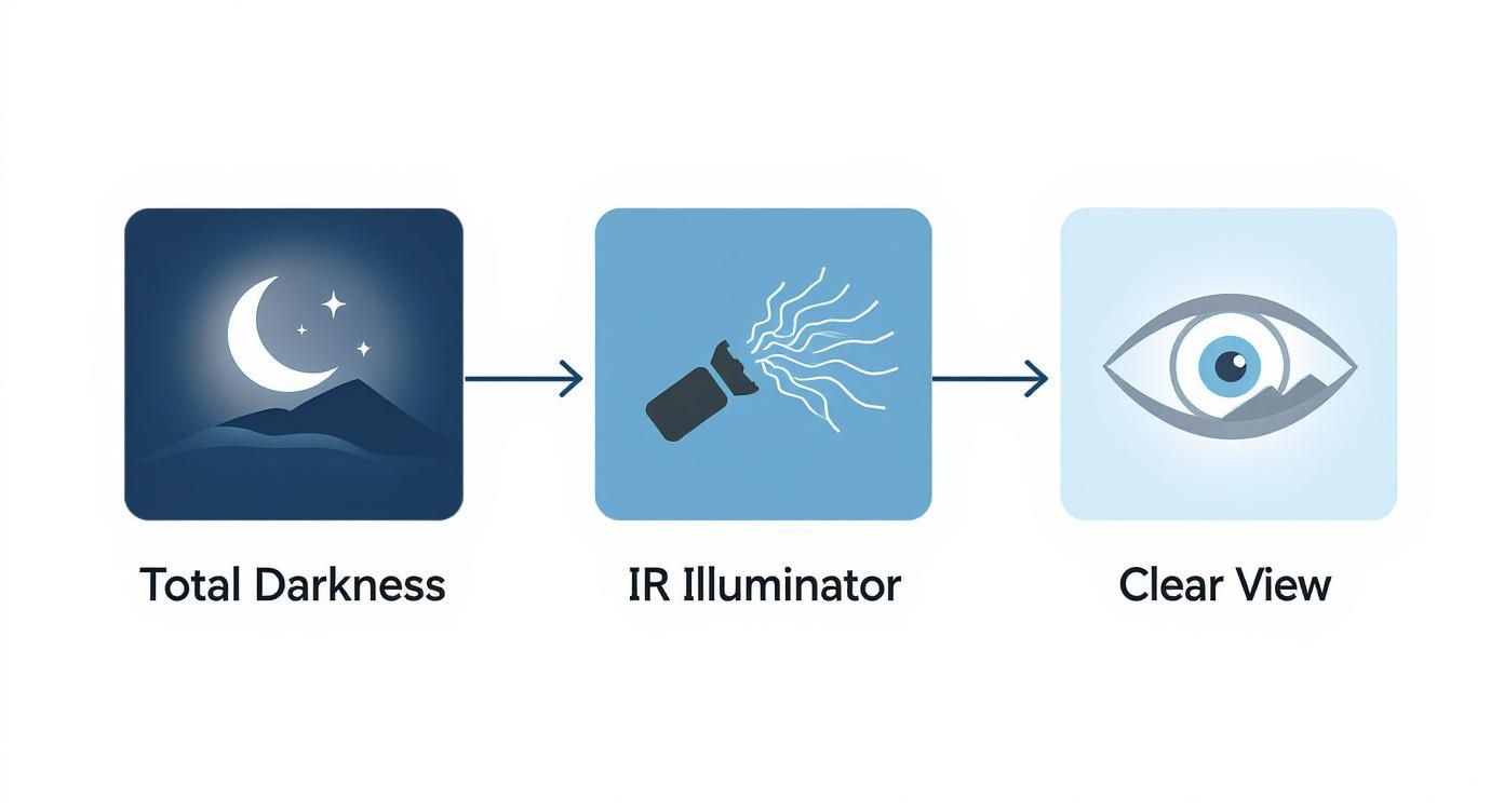 A diagram showing total darkness, an IR illuminator, and the resulting clear view for night vision.