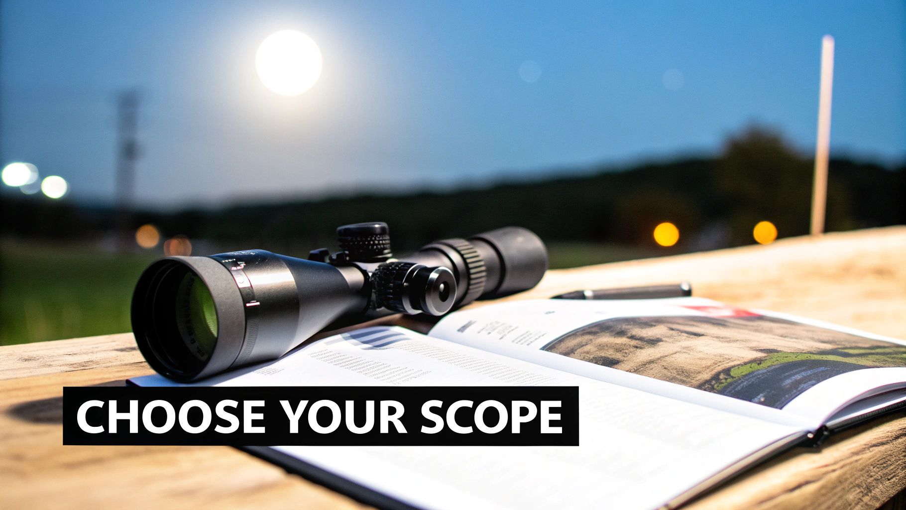 A black hunting scope and an open book on a wooden table at night, under a bright moon.