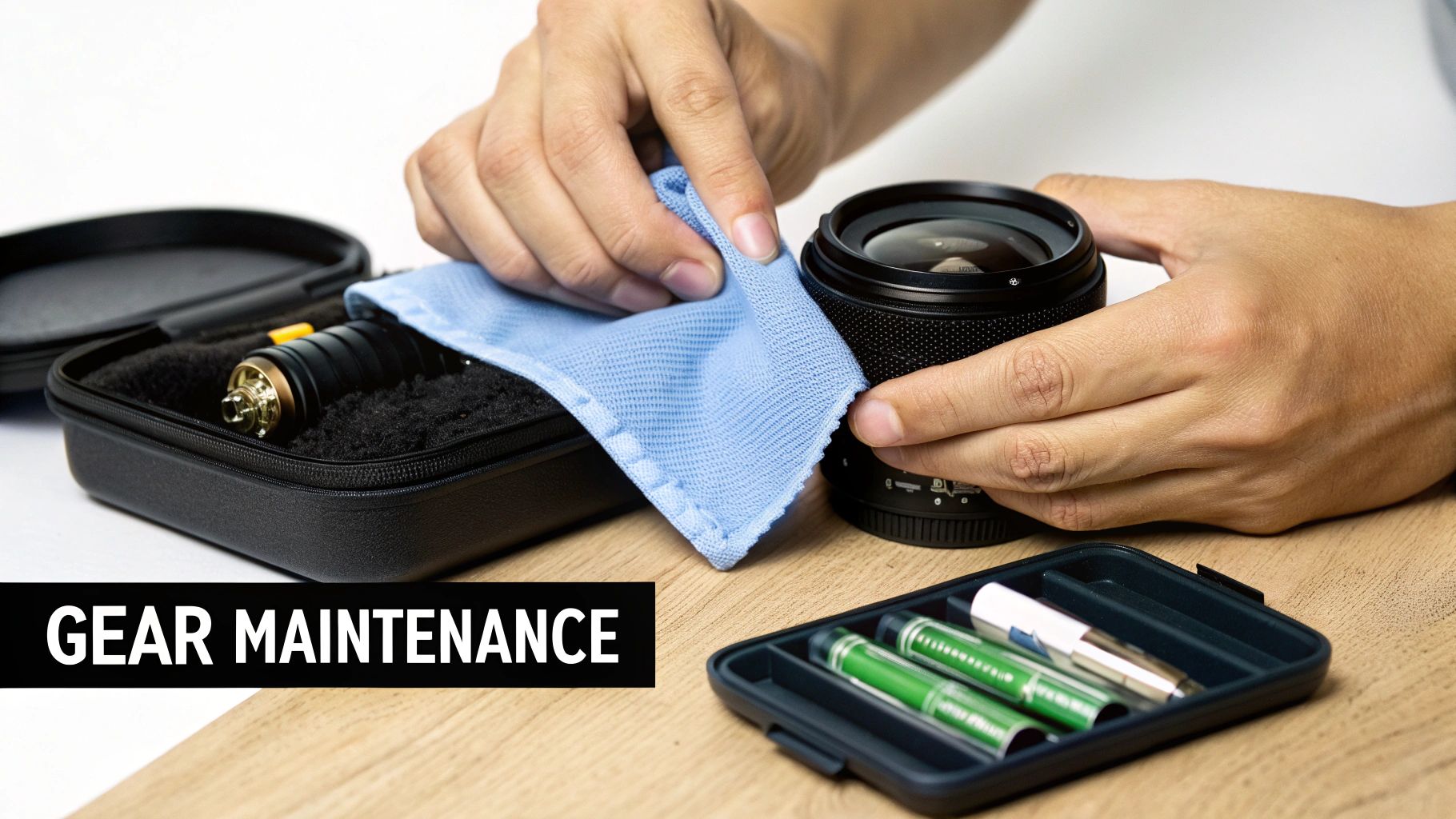 A person uses a blue microfiber cloth to clean a camera lens, demonstrating gear maintenance.