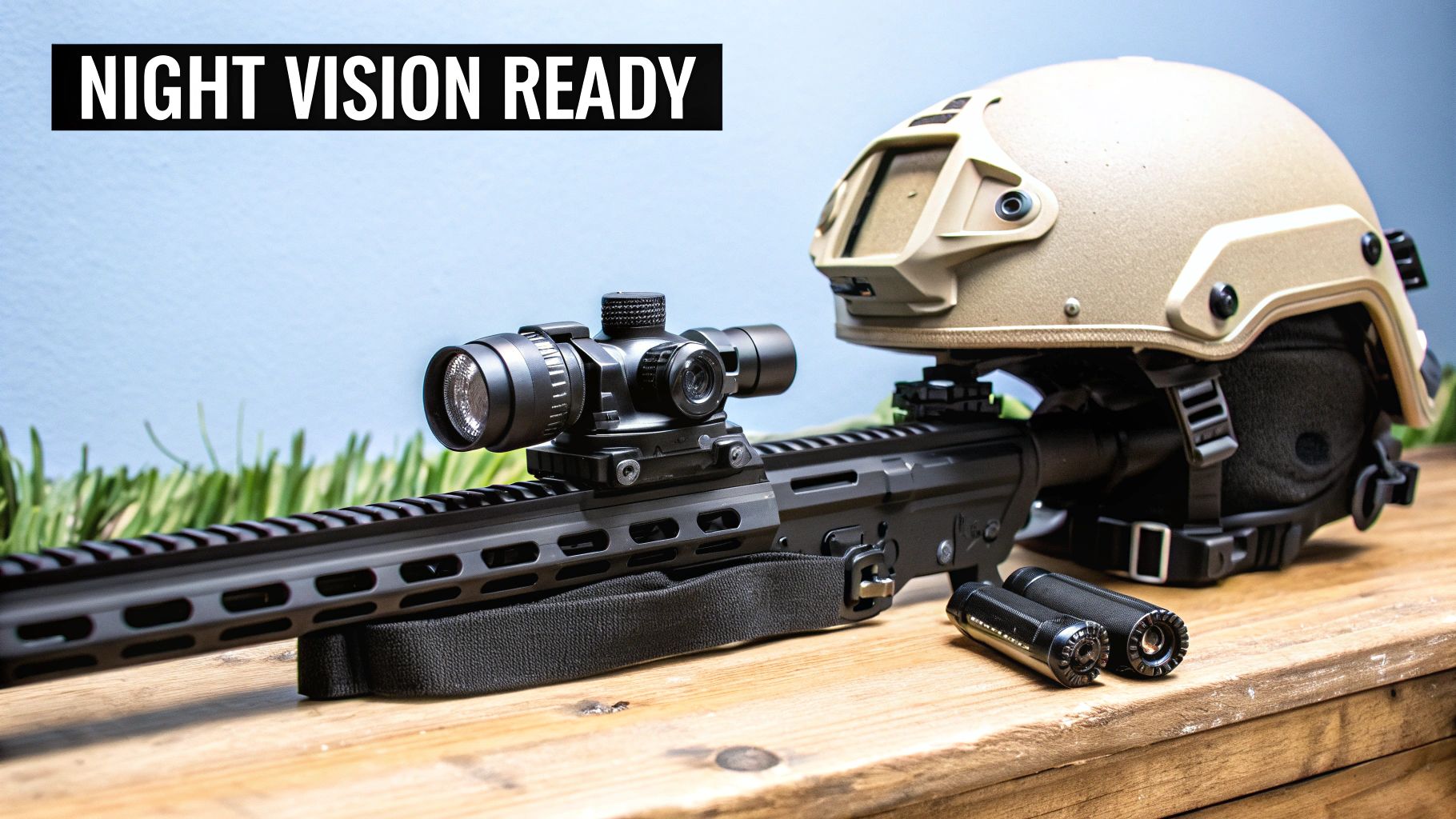 A tactical rifle with scope, flashlight, and helmet displayed, ready for night vision operations.