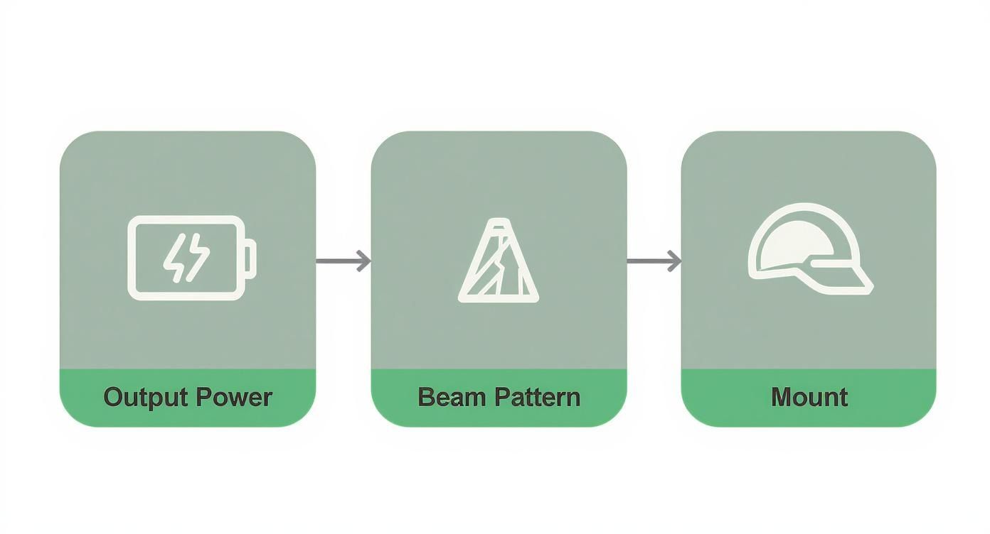 A flowchart illustrates three steps: output power, beam pattern, and mount, each with an icon.