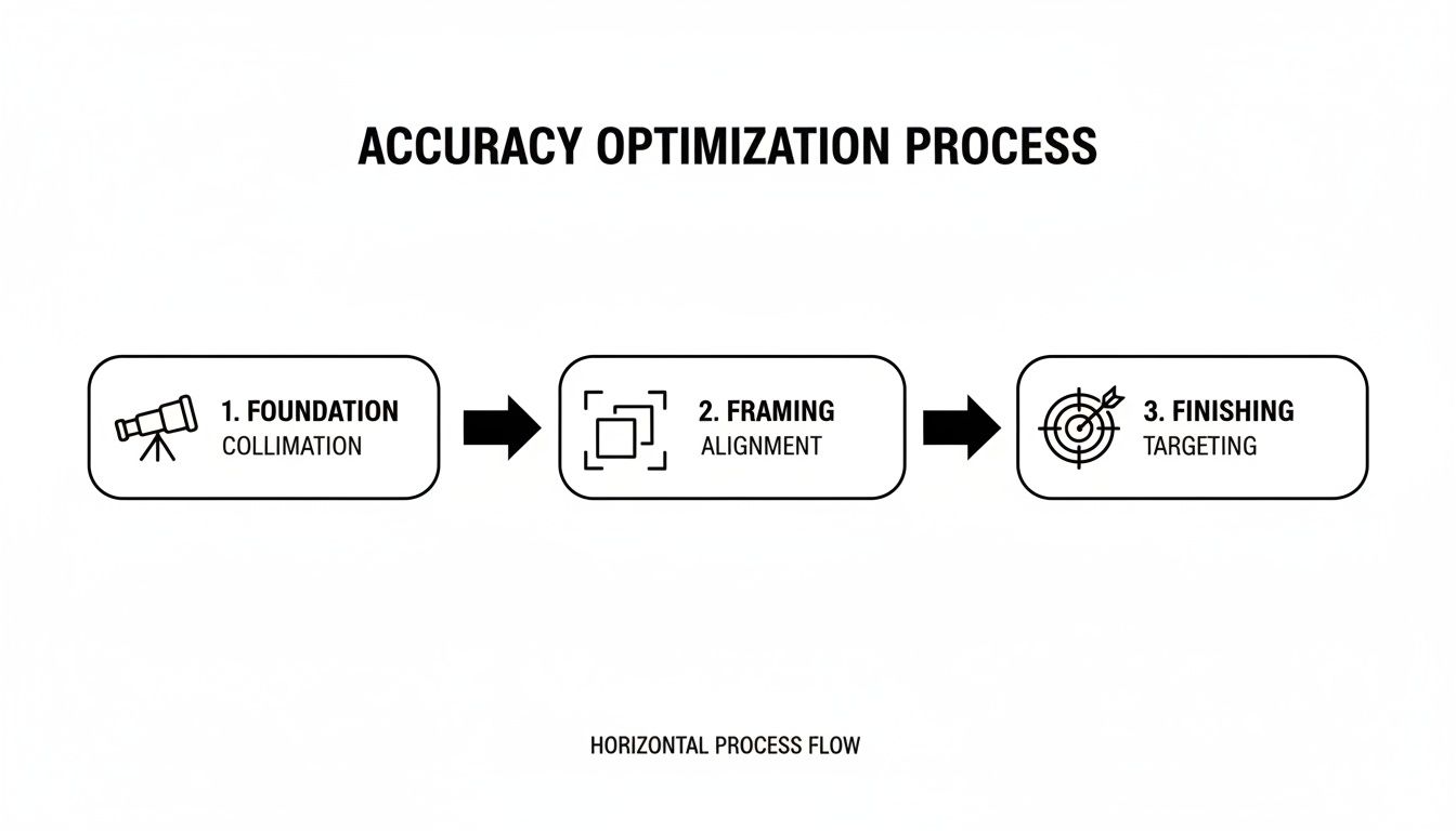 A horizontal process flow chart illustrating the accuracy optimization steps: Foundation, Framing, and Finishing.