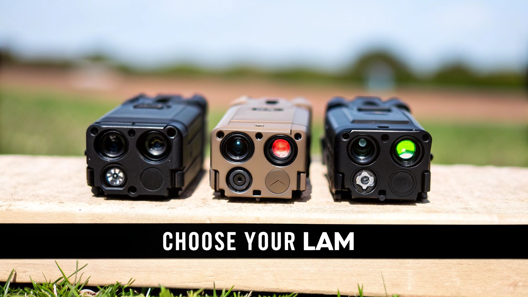 Three laser aiming modules in black and tan are displayed on a wooden surface with an outdoor background.
