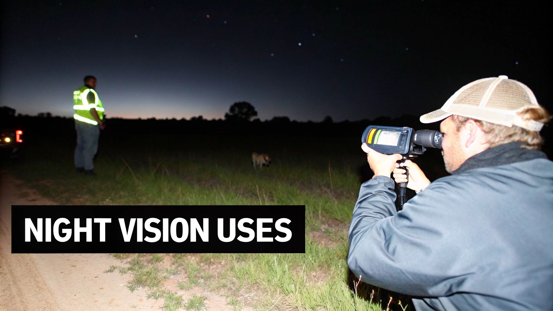 A person using night vision binoculars to observe a mountain range at night