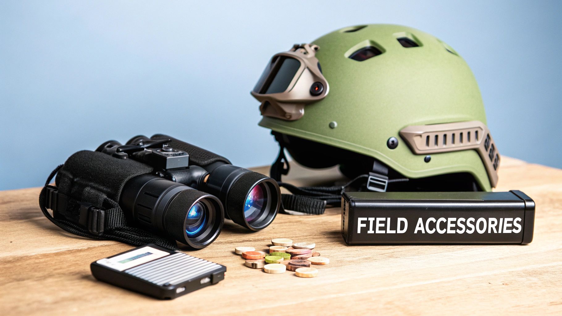 A pair of black binoculars, a green tactical helmet, and a 'FIELD ACCESSORIES' box on a wooden table.