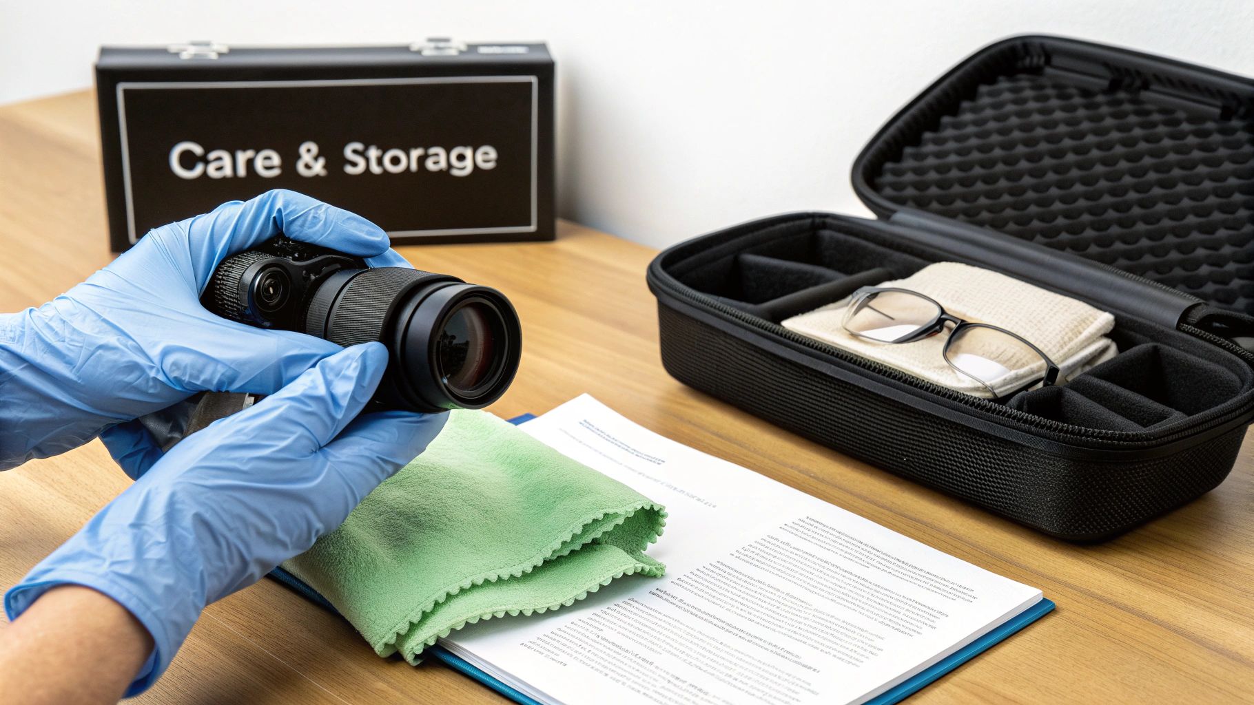 Person in blue gloves cleaning a camera lens, with a 'Care & Storage' box and protective case.