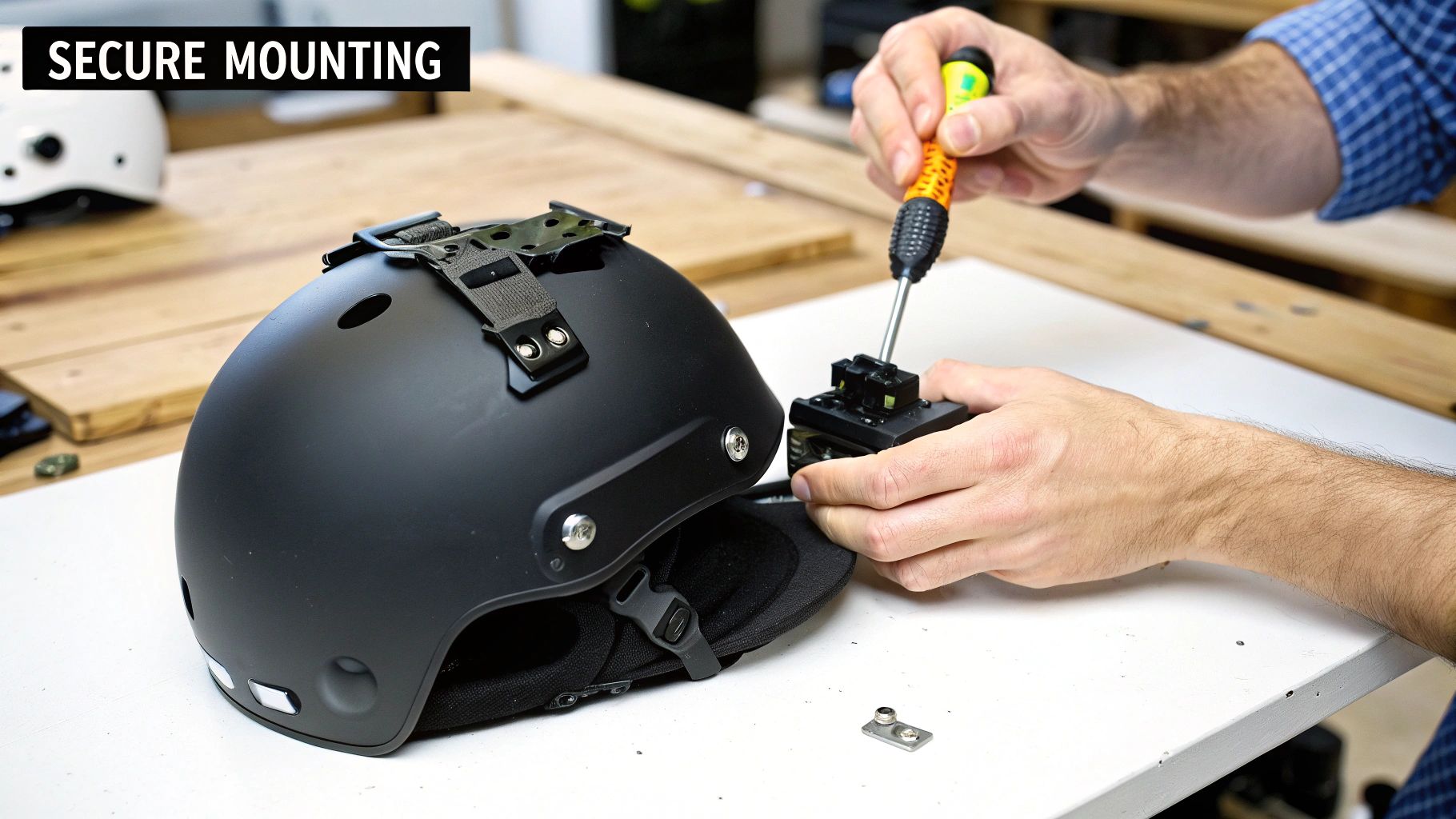 A person uses a screwdriver to securely mount a black flashlight attachment onto a black helmet.