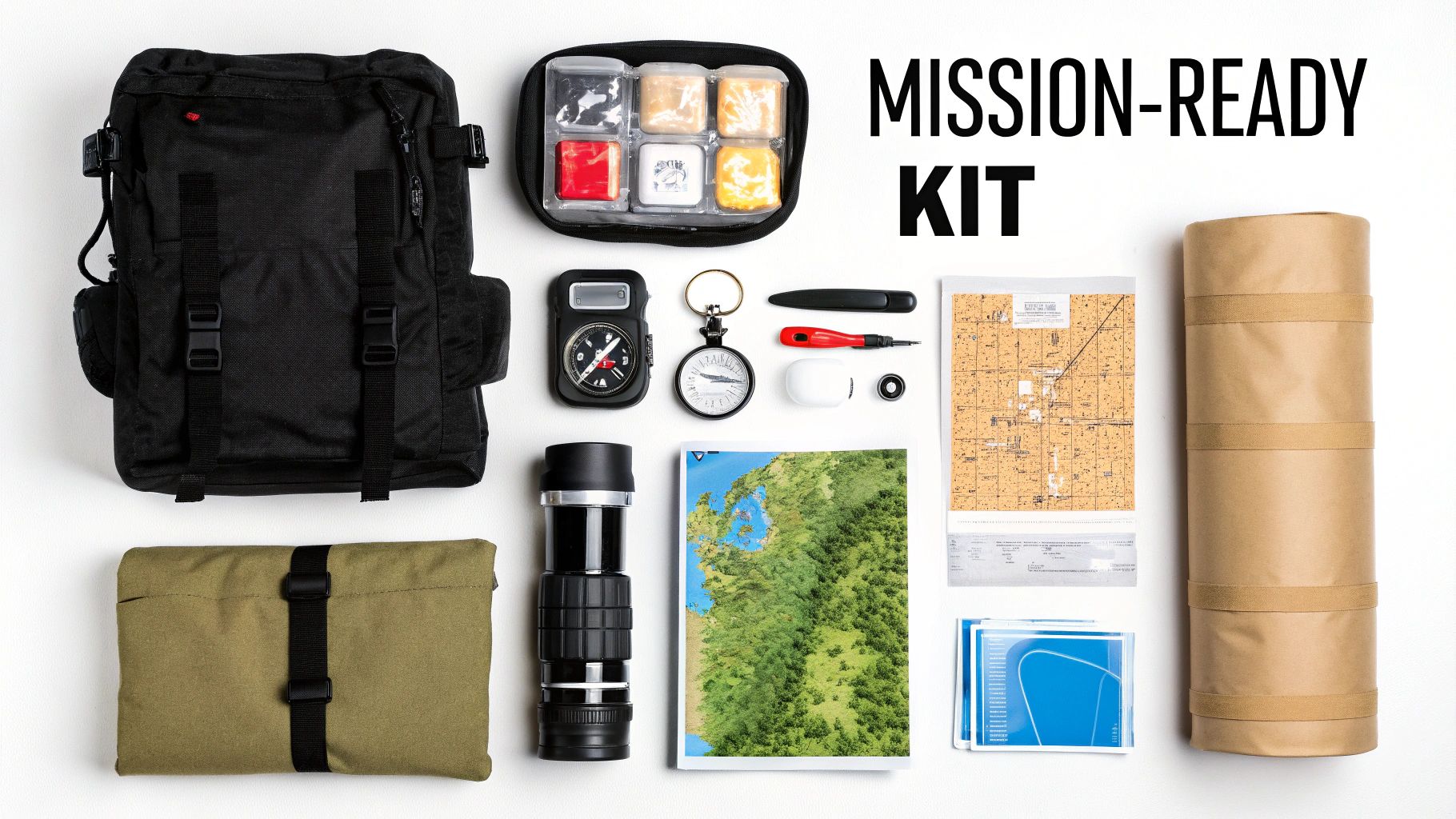 Overhead shot of a mission-ready kit with a black backpack, maps, compasses, tools, and rolled gear.