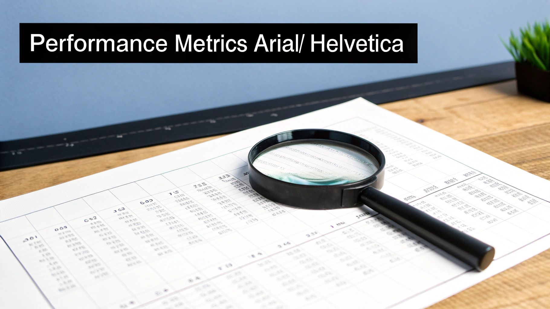 A magnifying glass resting on a document displaying performance metrics and numerical data.