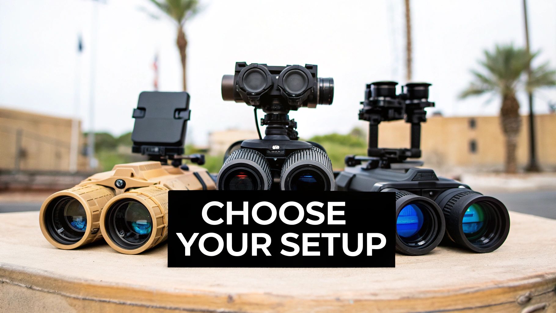 A collection of three advanced night vision goggle setups displayed on a surface outdoors, ready for selection.