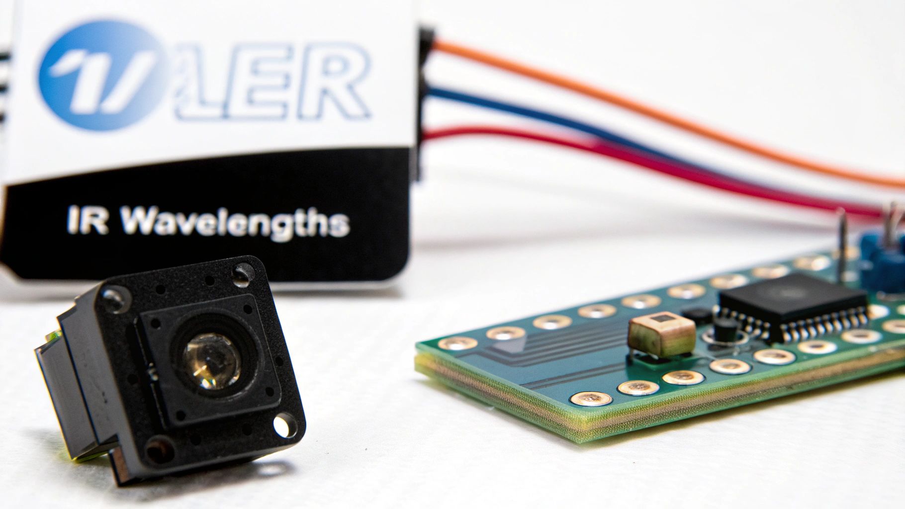 Close-up of an infrared camera module, a circuit board, and a box labeled 'IR Wavelengths'.