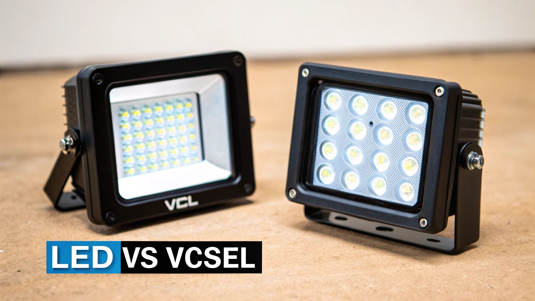 Two black VCSEL and LED infrared night vision illuminators side-by-side, comparing their light patterns.