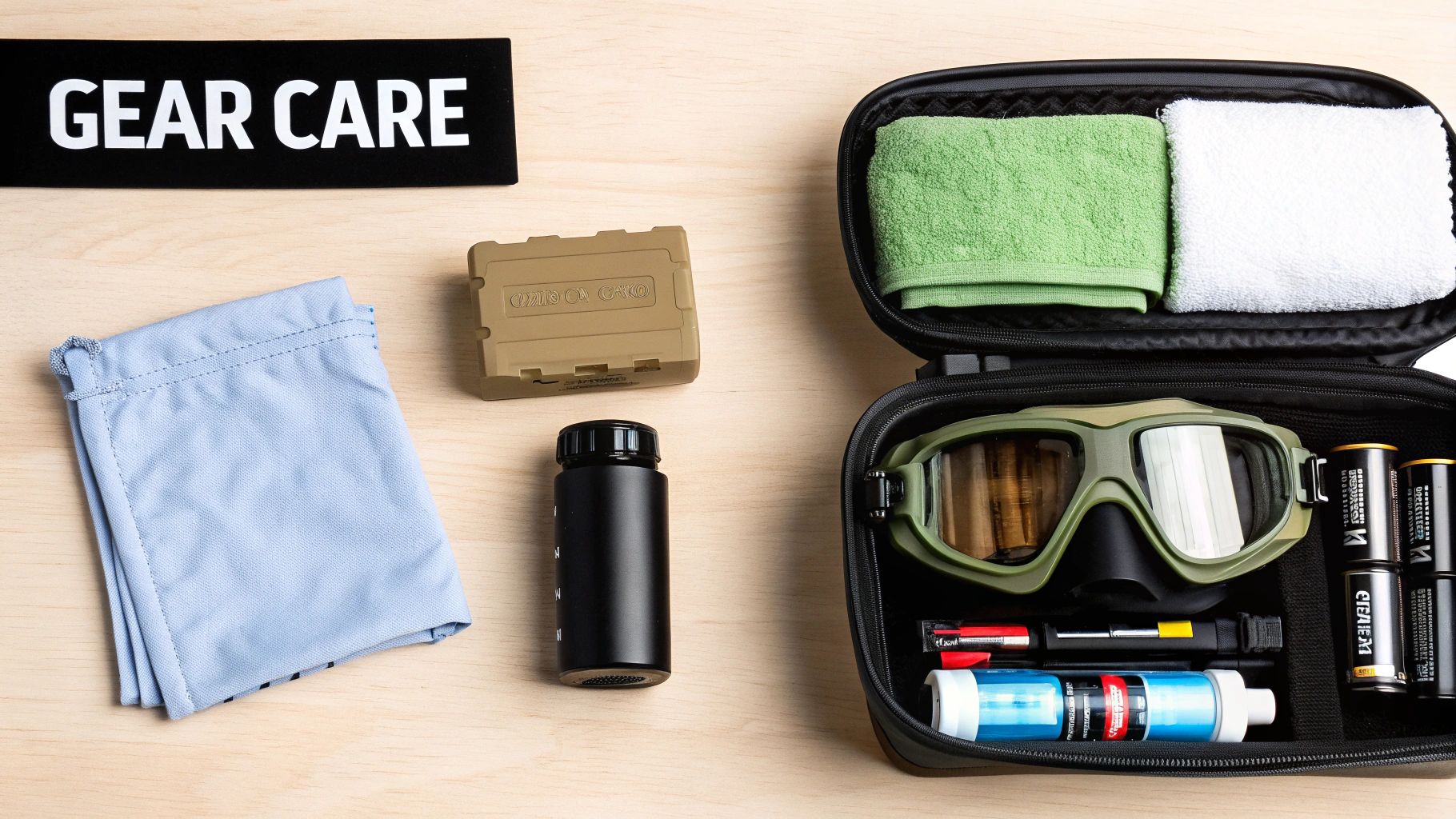 A comprehensive gear care kit with goggles, towels, and cleaning supplies laid out on a wooden table.