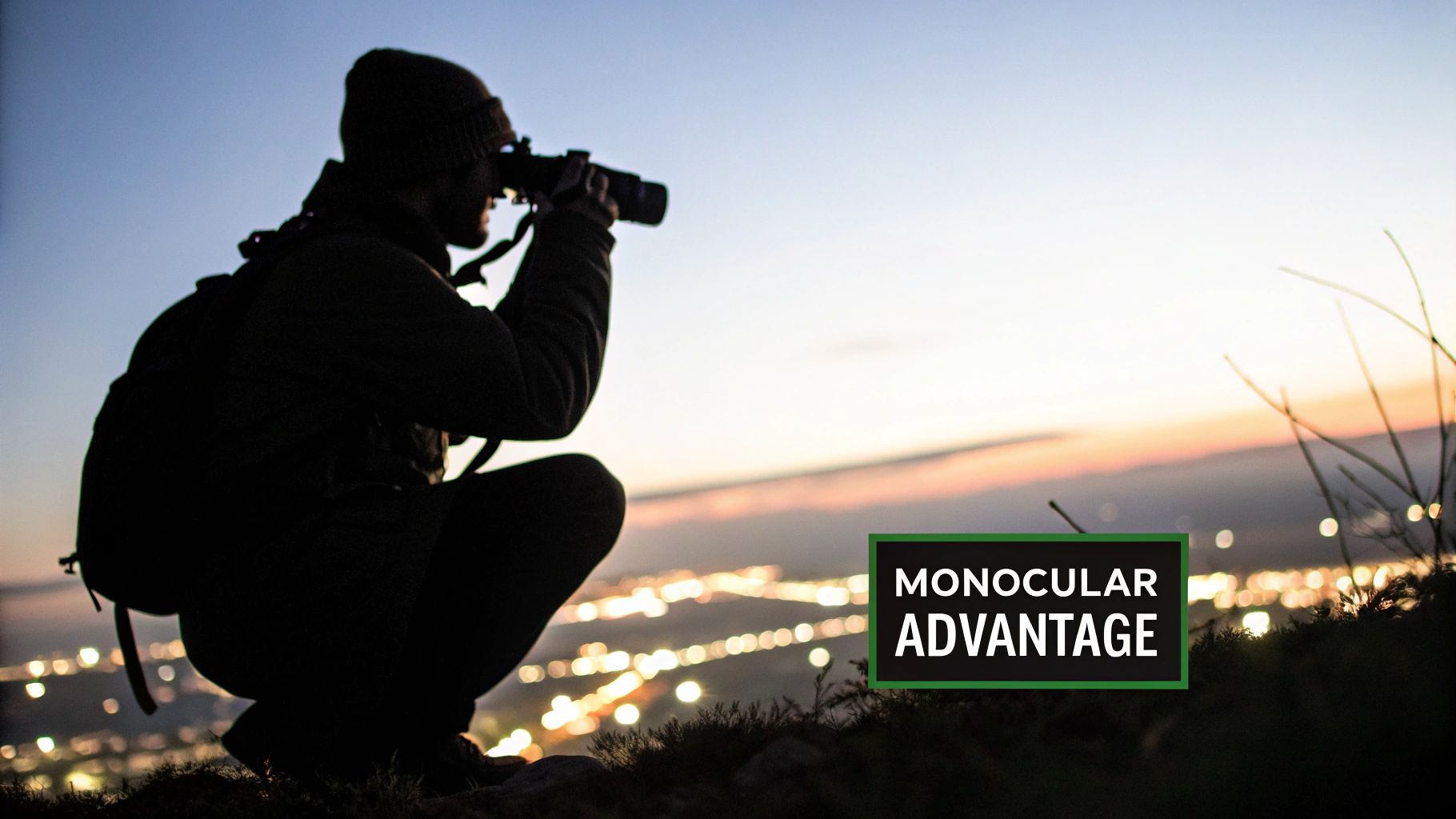 Silhouetted person looking through a monocular at a city skyline at dusk.