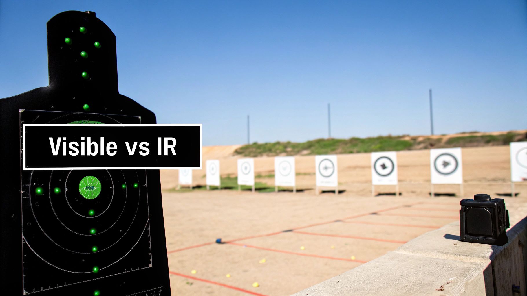 A black silhouette target with green laser dots at a shooting range under a clear sky.