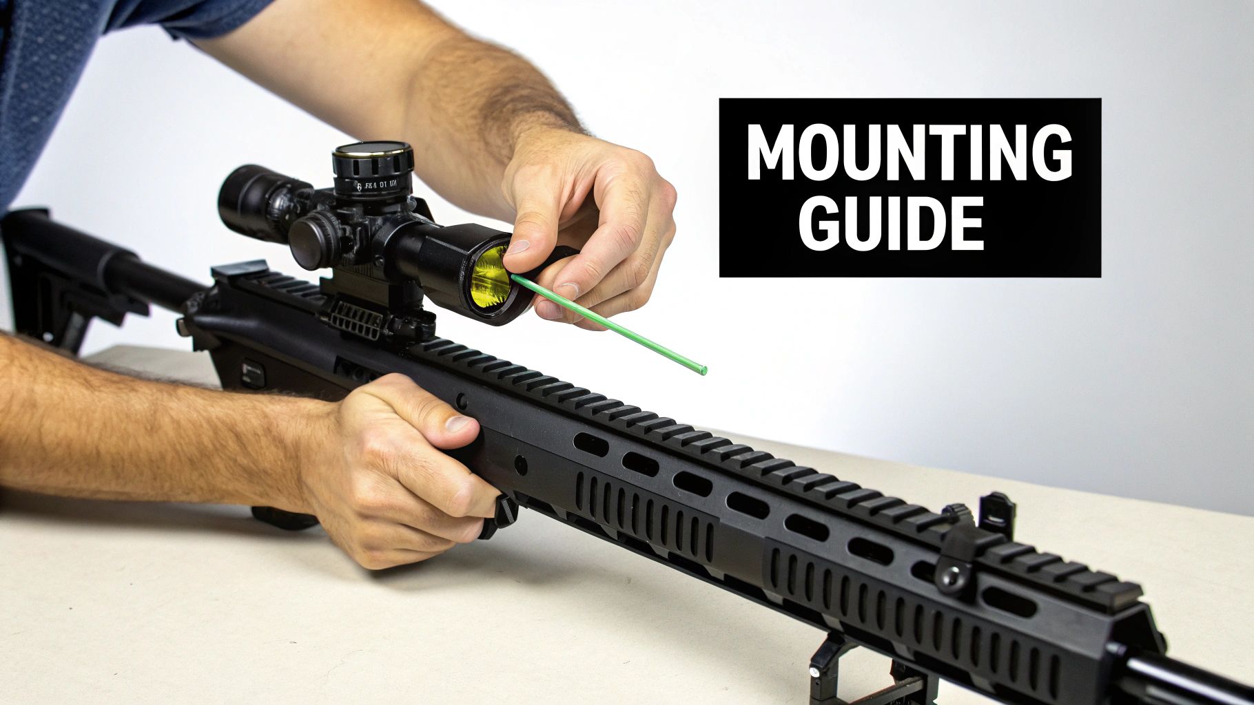 Person mounting green laser sight and scope onto black rifle rail system with mounting guide
