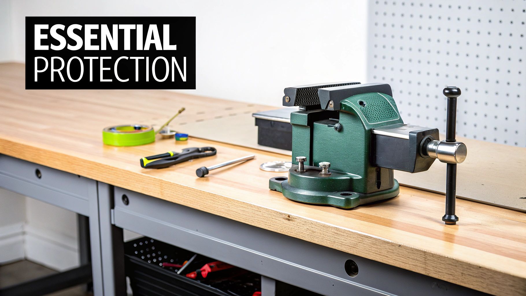 A green workbench vise securely mounted on a sturdy wooden workbench with various tools and text banner.