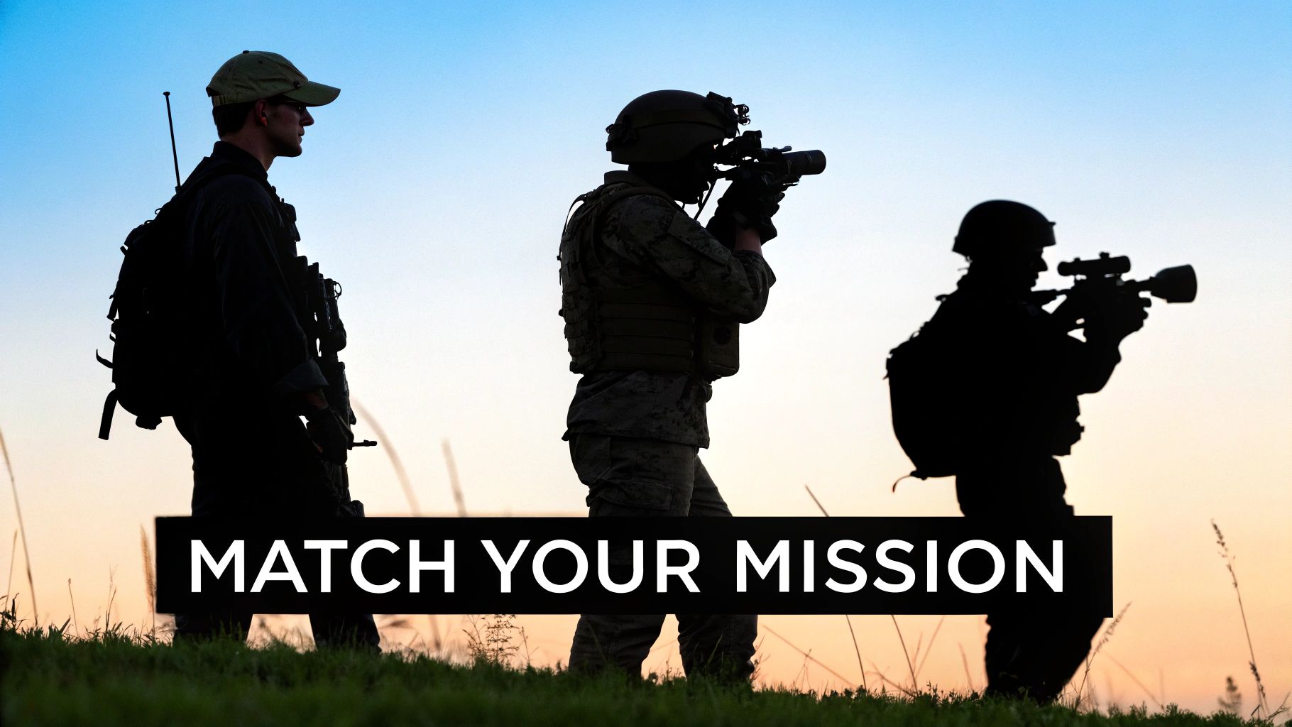 Silhouettes of three military personnel with tactical gear against a colorful sunset, with 'MATCH YOUR MISSION' text.