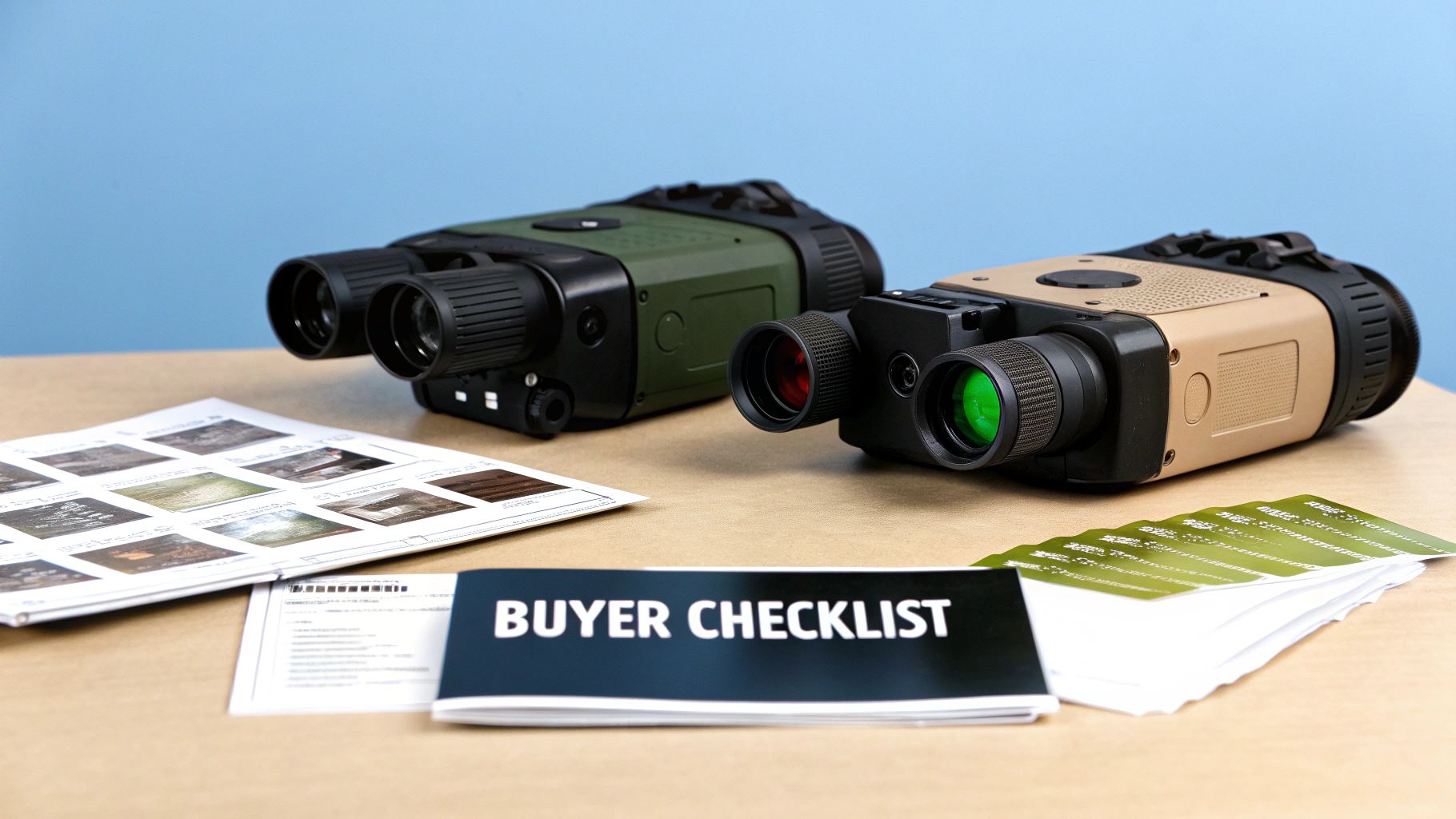 Two night vision goggles, one green and one tan, on a desk with a buyer checklist.