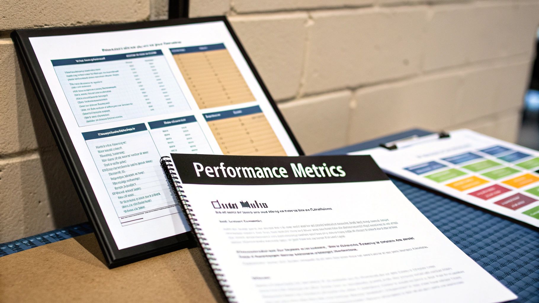 A close-up of a spiral-bound notebook titled 'Performance Metrics' alongside framed data sheets.