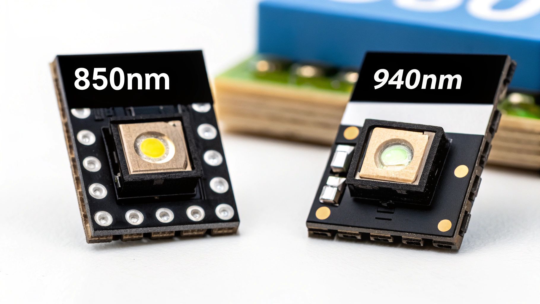 Close-up of two infrared illuminator modules, 850nm and 940nm, for night vision.