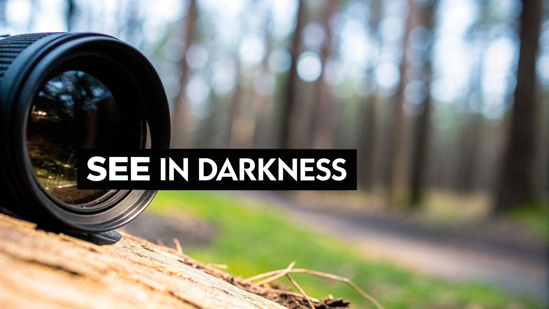 A camera lens sits on a wooden log with a blurred forest background, featuring 'SEE IN DARKNESS' text.