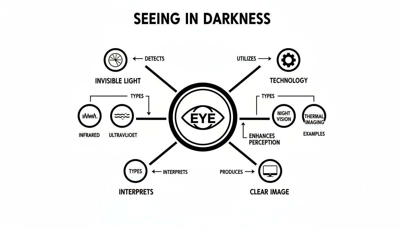 A mind map on seeing in darkness, showing invisible light types and technologies like night vision.