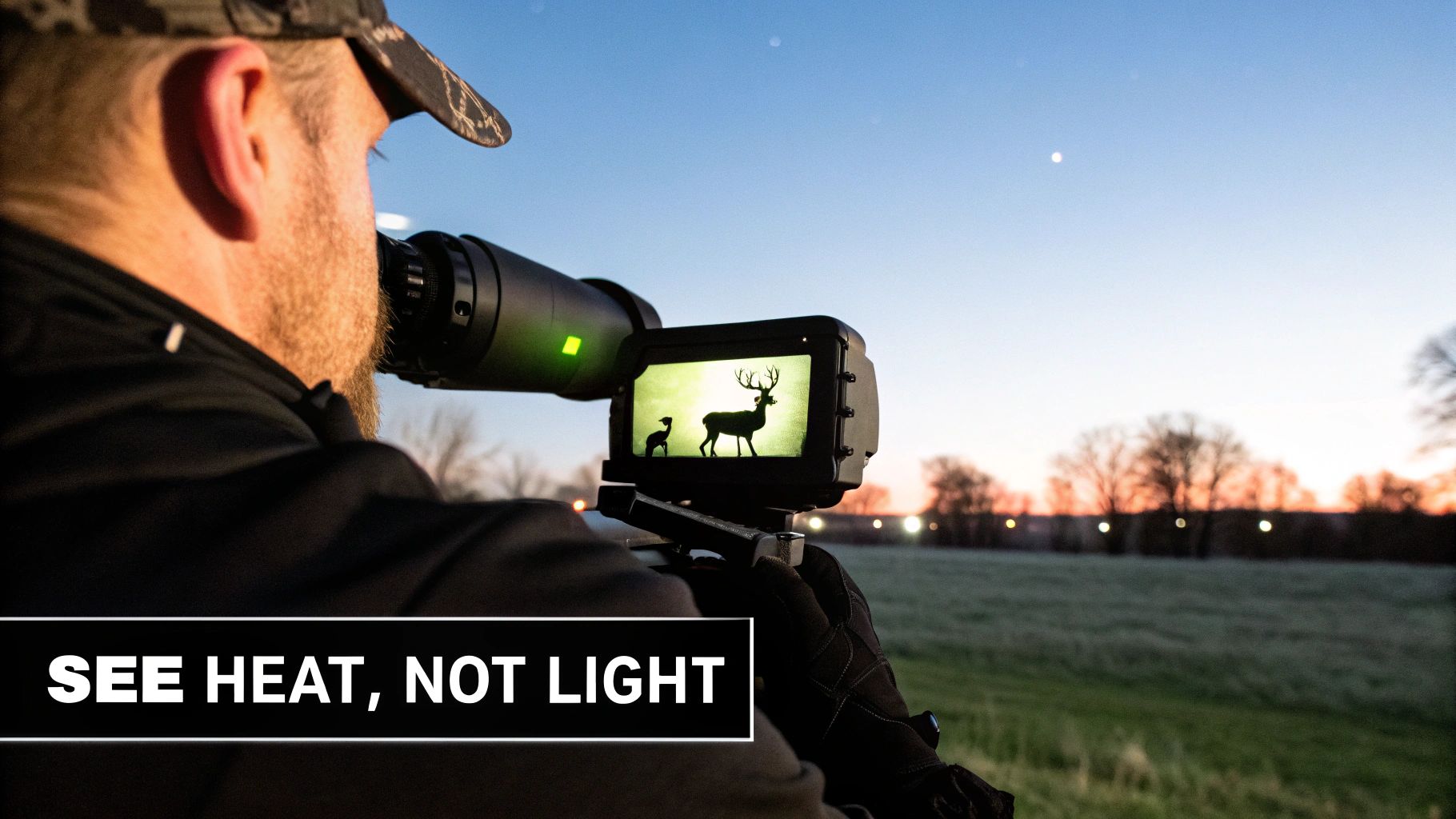 Hunter using a thermal scope, viewing heat signatures of a deer and fawn on screen at dusk.