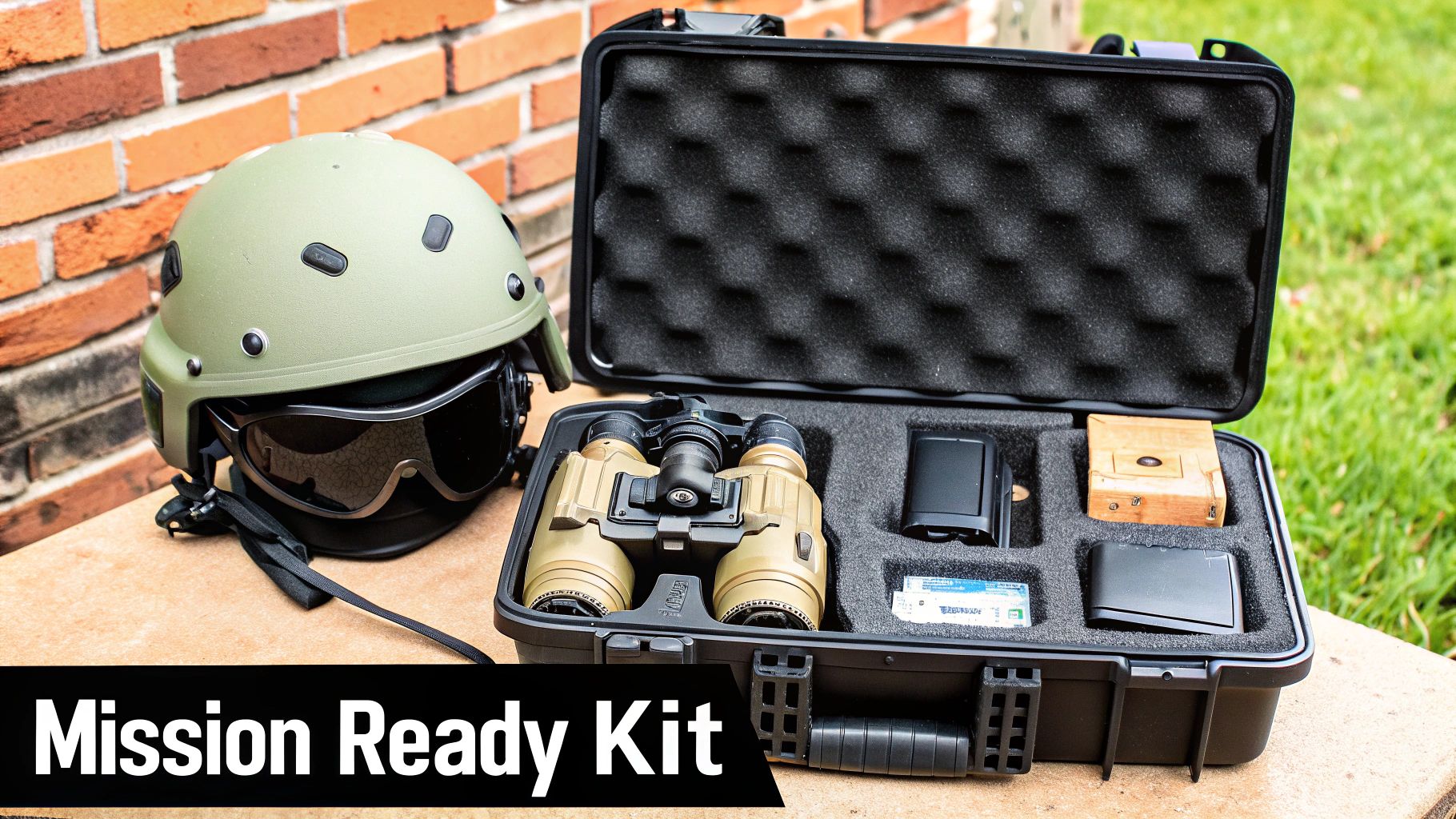 An olive drab tactical helmet with dark goggles rests next to an open hard case containing night vision binoculars and other mission-ready gear.