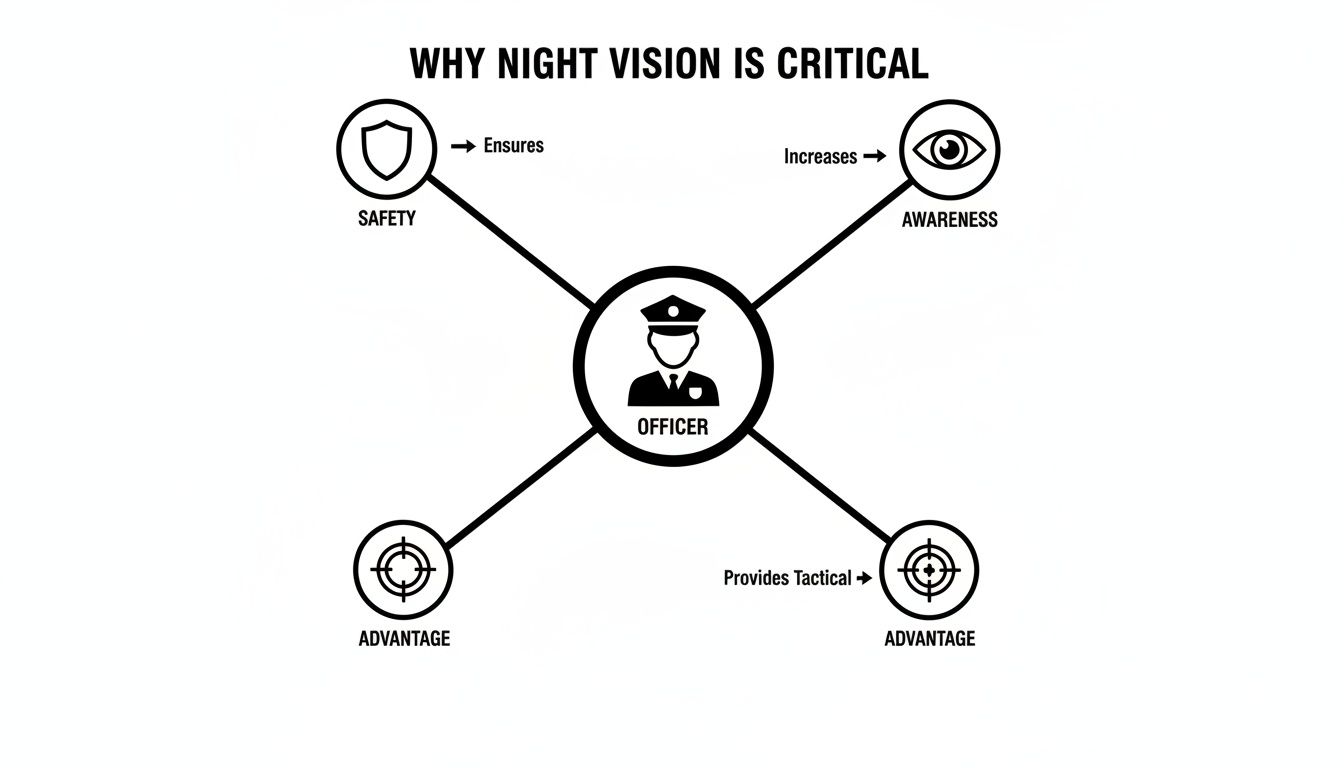 Diagram showing why night vision is critical for officers, ensuring safety, increasing awareness, and providing tactical advantage.