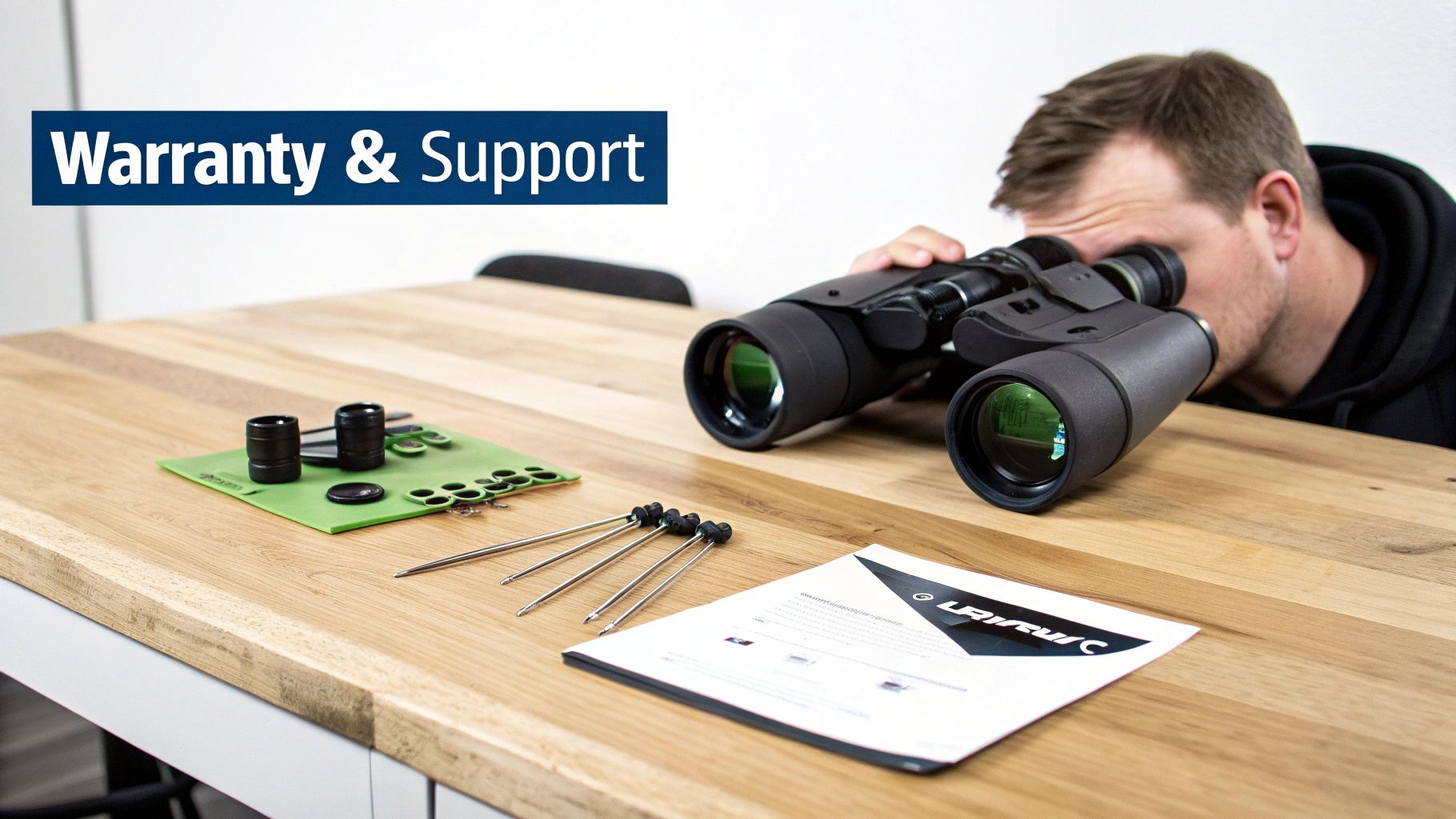 A man uses black night vision binoculars on a wooden table, with accessories and a warranty document.