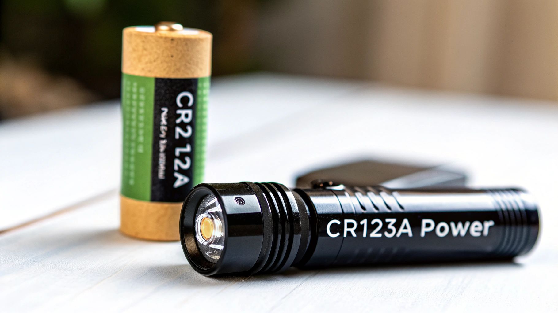 A CR2 12A battery stands upright next to a black flashlight labeled CR123A Power on a white surface.