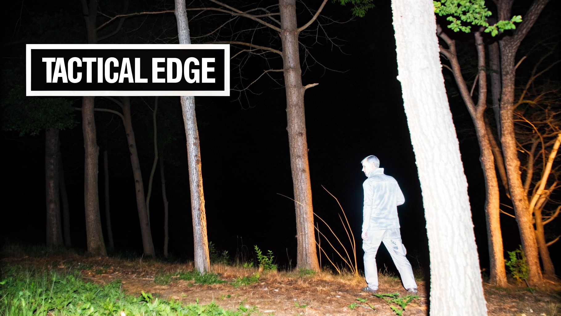 Man in a forest at night, highlighted by a thermal or night vision device.