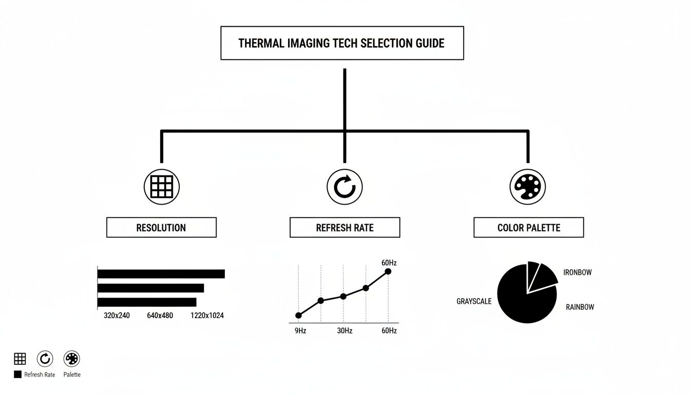 A diagram illustrating a thermal imaging tech selection guide with resolution, refresh rate, and color palette options.